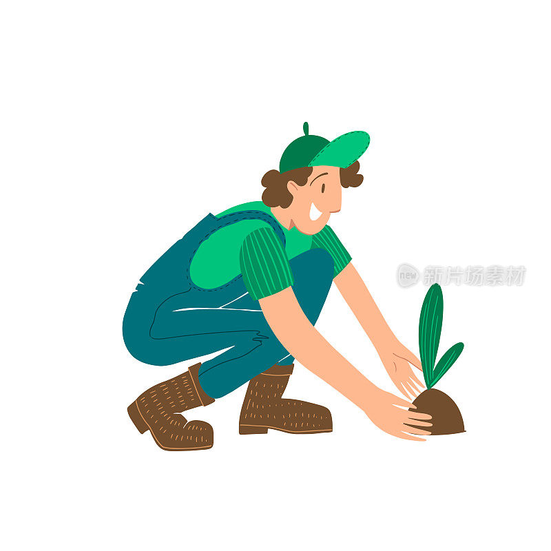 A man plants a plant, gardening. Set of vector flat hand drawn illustrations of people doing garden job - planting, growing and transplant sprouts, self-sufficiency concept.